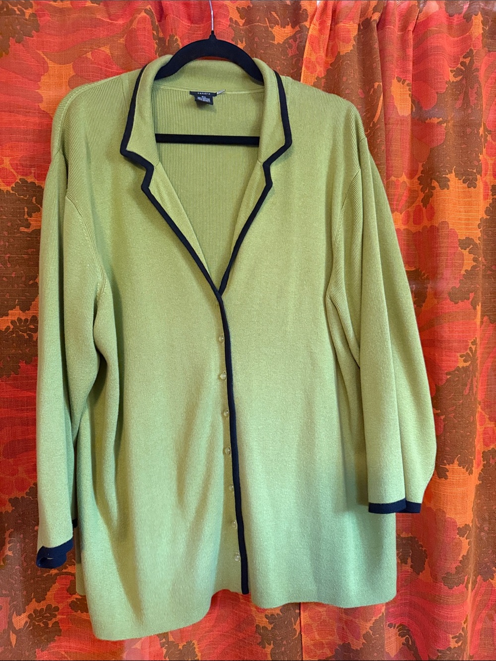 Vintage Evan Picone Lime Green Button-Front Cardigan with Black Trim